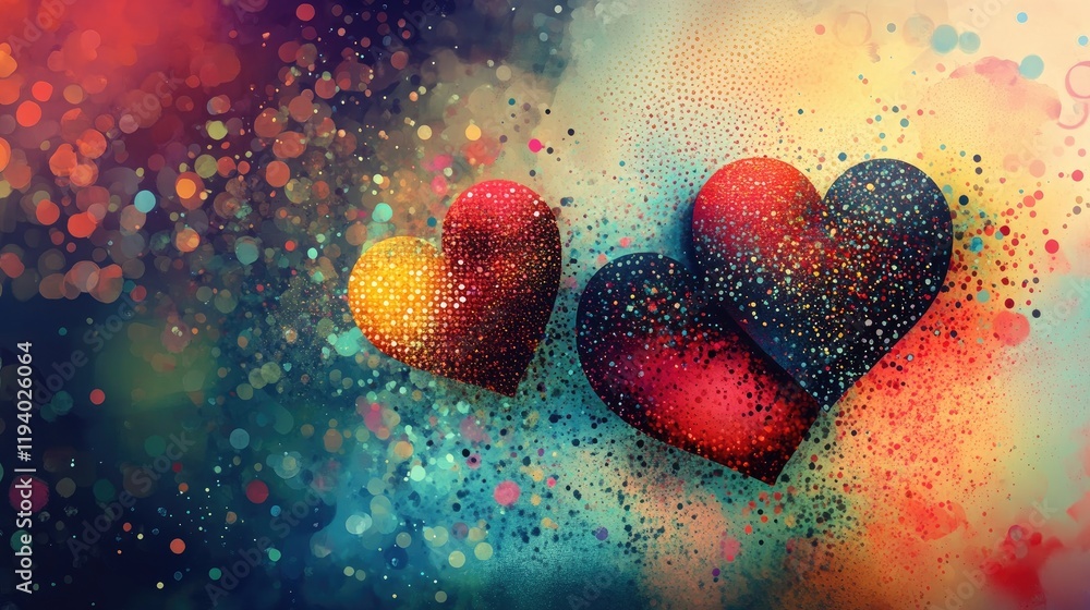 Poster abstract hearts with colorful dots and textured patterns on a dynamic background, perfect for design
