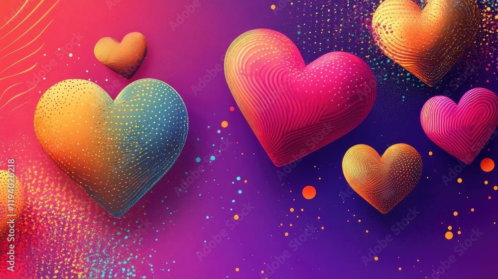 Poster abstract hearts with colorful dots and textured patterns on a dynamic background, perfect for design
