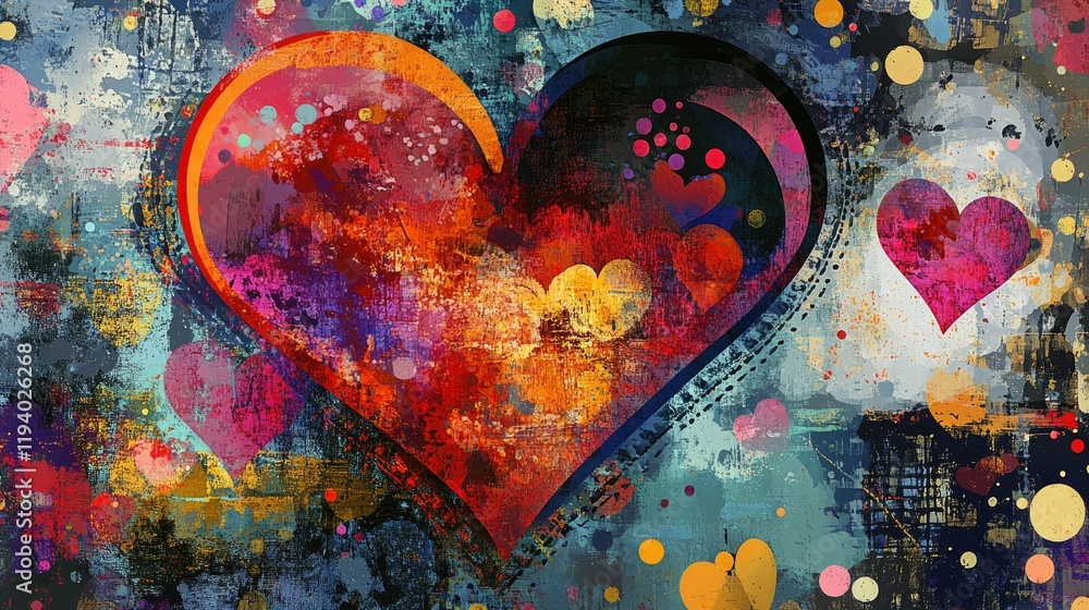 Poster abstract hearts with colorful dots and textured patterns on a dynamic background, perfect for design