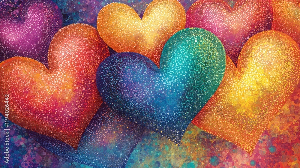 Fototapete artistic hearts with vibrant dot patterns and textured gradients, creating a lively background.