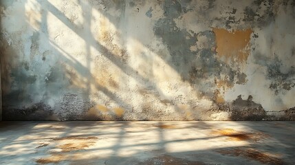 Weathered concrete wall and floor with natural patina and faded stains, adding character while maintaining neutrality, soft ambient lighting enhances texture, hd quality, natural look --ar 16:9