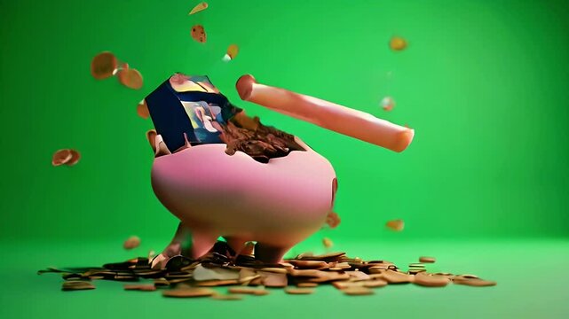 A piggy bank being smashed with a hammer, coins scattered around.