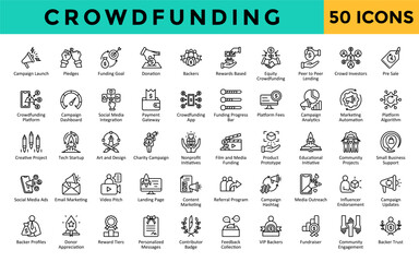 Crowdfunding icons set with campaign launch, pledges, funding goal, donation, backers, rewards based, equity crowdfunding, peer to peer lending, crowd investors, pre sale icon. Simple line vector 
