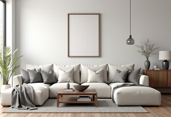 Elegant Living Room Interior with Modular Sofa, Gray Bowl, and Decorative Pillows for a Warm and Inviting Atmosphere
