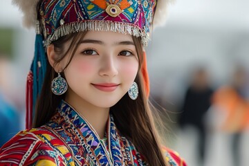 Fototapeta premium A captivating portrait of a young woman adorned in a stunning traditional outfit, showcasing rich colors and intricate details.