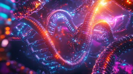 Glowing Neon DNA Strands Abstract Art
