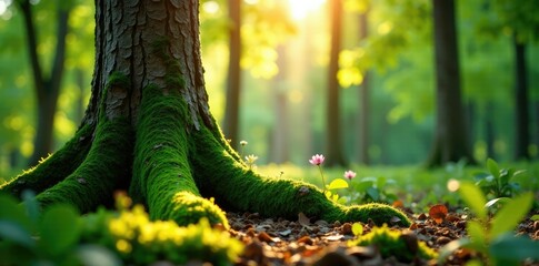 Moss-covered tree trunk in a sunny forest clearing, forest, moss, tree