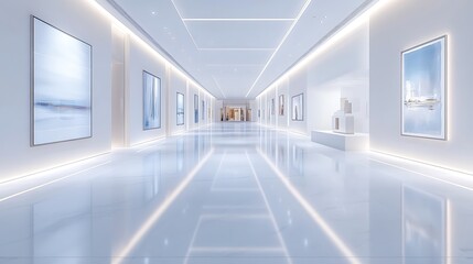 A chic gallery interior with cube-like white walls, a high-gloss floor reflecting the lights above, and a clean, open layout perfect for showcasing art, sleek and contemporary feel,