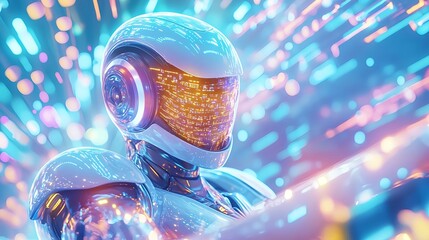 futuristic robot, ai, cyborg, digital art - neon colors