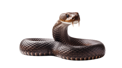 Close up of a venomous snake coiled on a transparent background