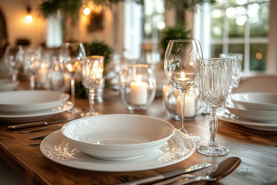 Rustic Elegant Dining Table with Crystal Glasses and White Plates in Luxurious Natural Setting
