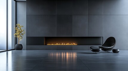 A contemporary room with a sleek black fireplace set against a smooth plain gray wall, polished floors reflecting subtle lighting, and an uncluttered, modern aesthetic, hd quality --ar 16:9