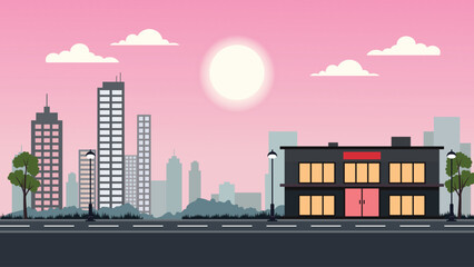 Obraz premium Hotel Apartment Building Landscape with Cityscape and Sun in the Morning