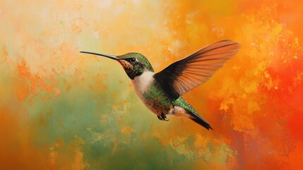 Fototapeta premium Hummingbird in flight, autumnal background, nature art, print