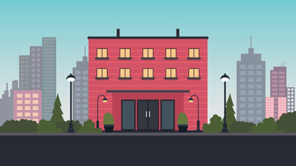 Obraz premium Hotel Apartment Building Landscape with Cityscape in Bright Sky