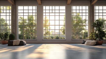 A contemporary warehouse setting with high ceilings, massive windows framing a serene outdoor view, smooth concrete floors, and a minimalist industrial aesthetic, bright and airy,