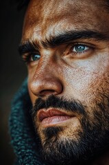Obraz premium A rugged man with a thick beard and captivating blue eyes gazes thoughtfully into the distance, highlighting his expressive features and the texture of his skin in a warm, natural setting.