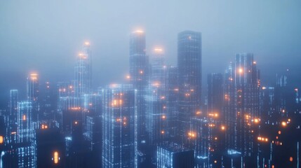 Fototapeta premium Futuristic Cityscape: A Digital Metropolis Shrouded in Mist