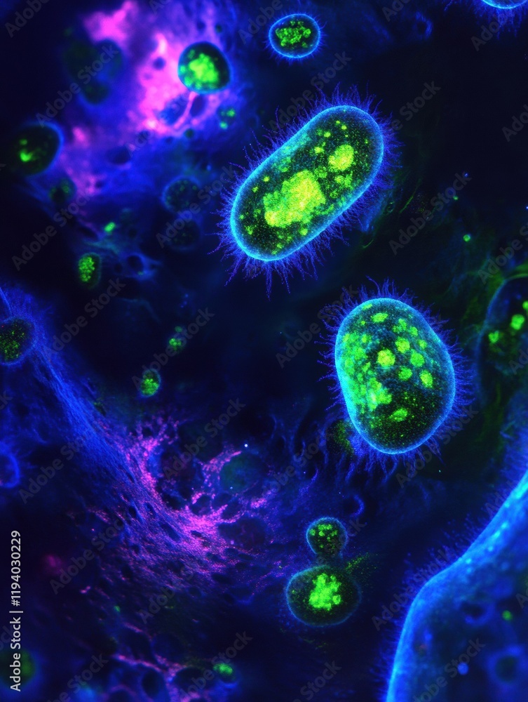 Aufkleber glowing bacteria illuminated by ultraviolet light in an abstract scientific setting. generative ai