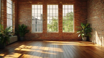 A cozy yet open room with a rustic brick accent wall, natural wooden flooring, and soft sunlight streaming through tall windows, blending warmth with industrial charm, hd quality --ar 16:9