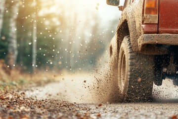 Car racing,  Off-Road Adventure, Muddy Tires in Motion on Gravel Trails with Sunlit Forest Backdrop