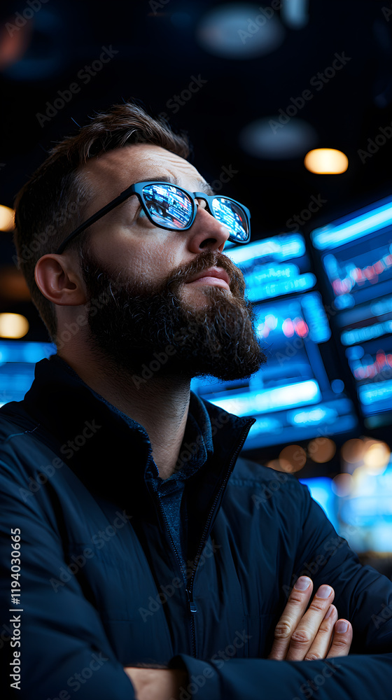 Poster a man with a beard and glasses is looking at a computer screen