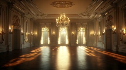 Fototapeta premium A luxurious dimly lit room with a grand antique chandelier, ornate crown molding in soft white, and deep mahogany floors, exuding a warm and regal atmosphere, hd quality --ar 16:9