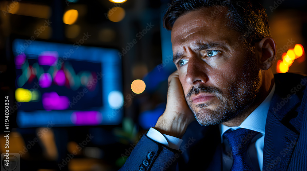 Poster a man in a suit is looking at a computer screen with a frown on his face