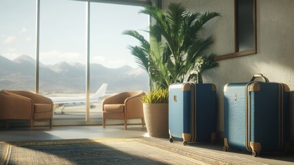 A serene airport lounge with luggage and a view of mountains and an airplane.