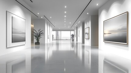 A minimalist gallery room with sharp white cube walls, smooth polished floors reflecting soft lights, and a quiet, modern ambiance, hd quality, clean and elegant simplicity --ar 16:9