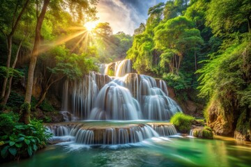 Obraz premium Huai Mae Khamin Waterfall Panoramic: Kanchanaburi Thailand Scenic Nature Landscape Photography