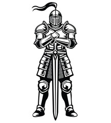 Black and white vector illustration of a knight in armor holding a long sword