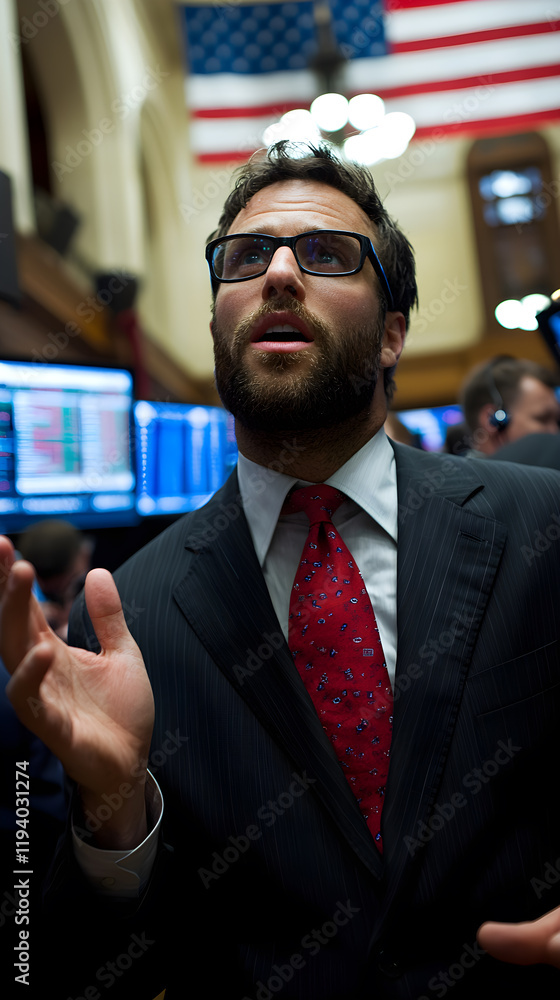 Poster a man in a suit and red tie is standing in front of a board with a red