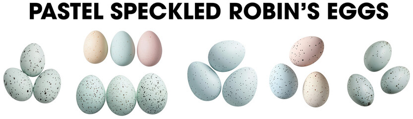 Groups of pastel speckled Robin bird eggs. Top view isolated on transparent background.
