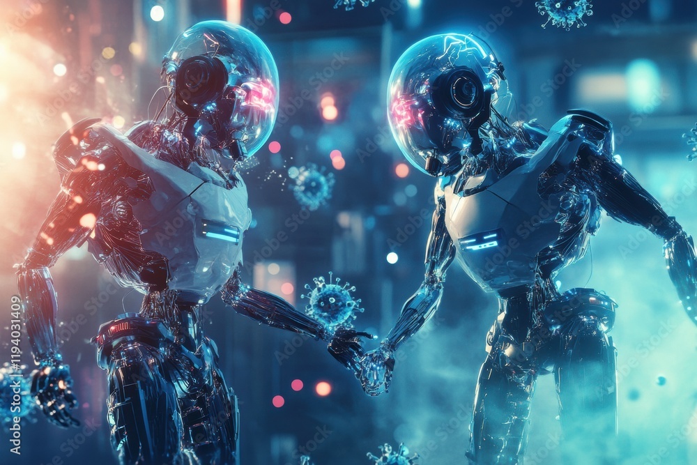 Fototapete robots working together to neutralize viruses in a futuristic urban environment during nighttime. ge