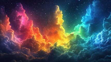 Rainbow clouds swirl in space with stars.