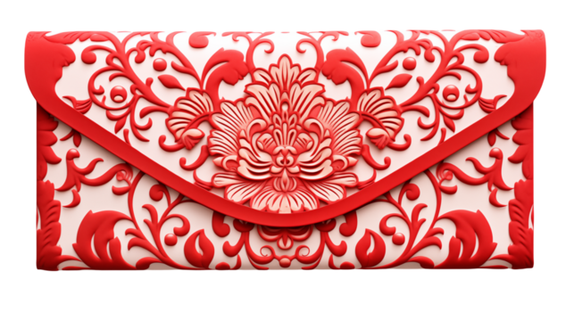 Elegant Red and White Floral Clutch Purse on a transparent background