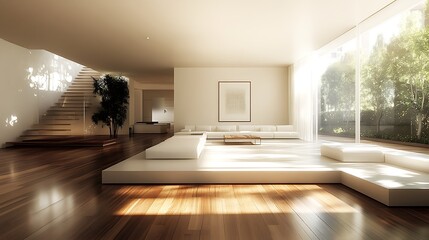 A minimalist white room with smooth matte walls, polished cherry wood floors, and sunlight subtly reflecting off the flooring, creating a calm and modern environment, hd quality --ar 16:9