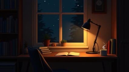 A small, intimate reading study bathed in the warm glow of a desk lamp, creating a peaceful atmosphere for reading and reflection.