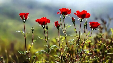 Fototapeta premium rose and romance concept. Vibrant red roses blooming in a lush green landscape under soft sunlight.