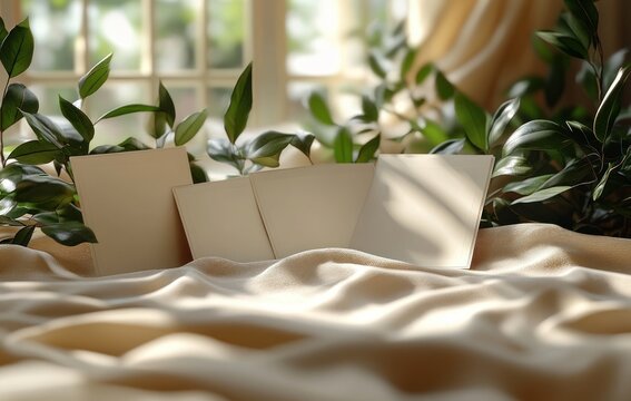 Minimalist White Cards Mockup on Soft Beige Background with Natural Lighting