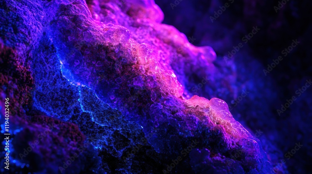 Poster Glowing bacteria illuminated by ultraviolet light in a dark laboratory setting at night. Generative AI