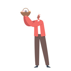 Adult Man Holding Wicker Basket with Decorated Eggs for Easter Holiday Celebration and Eggs Hunt Isolated on White