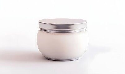 White cream jar with silver lid on white background.