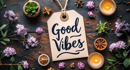 good vibes handwritten on paper tag at table background