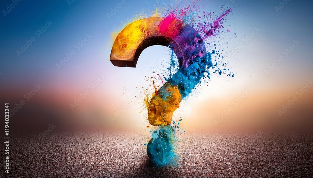Poster a colorful question mark explodes with vibrant splashes, symbolizing curiosity and creativity agains