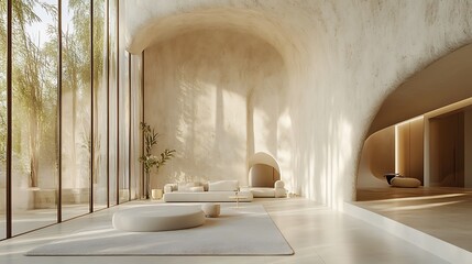 A modern interior with a striking textured concrete wall, minimal furnishings in soft white tones, smooth flooring, and soft light filtering through tall windows, open and airy aesthetic,