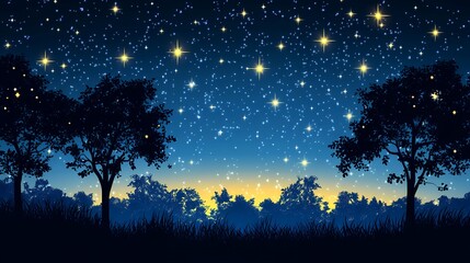 Fototapeta premium A captivating image of a starry night sky over a tranquil forest. Silhouetted trees stand against a backdrop of countless stars.
