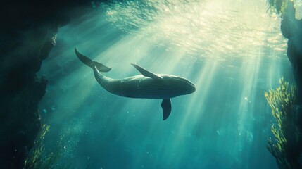 Fototapeta premium Whale swims in sunlit aquarium cave
