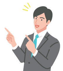 笑顔で指をさす若いビジネスマン